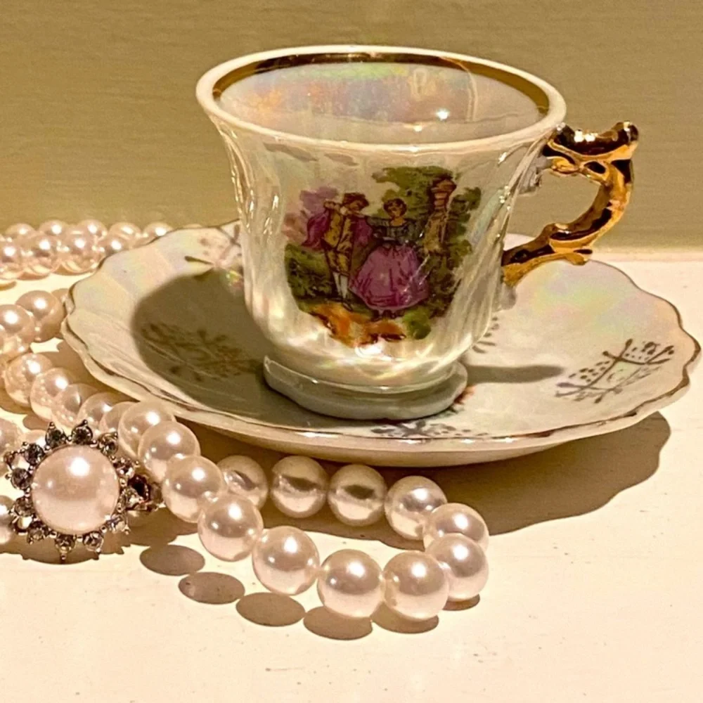 Victorian Lovers Teacups Courting Couple 1900s Japan 24K Gold Pearl Demitasse
